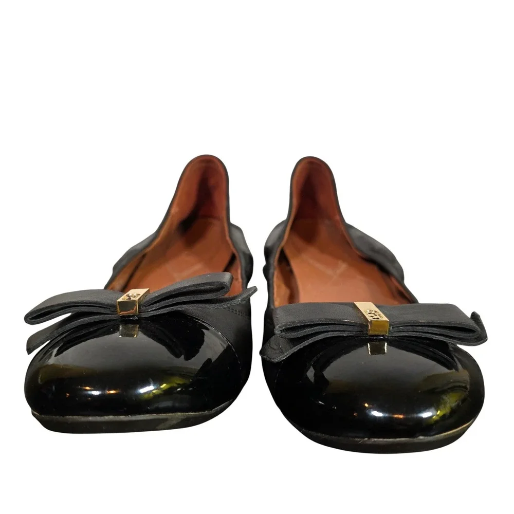 COLE HAAN Women's 11 Black Leather Tali Bow Ballet Flats Patent Cap‎ Toe